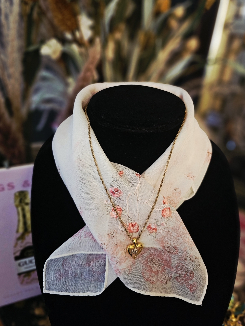 Vintage Nina Ricci Pink Floral Silk Scarf with Gold Heart Pendant Necklace